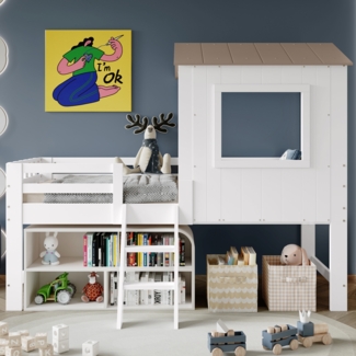 Merax Kinderbett 90x200cm, Hausbett, Halbhohes Bett mit Dach und Fenster, Vierseitiger Zaun, mit kleine Treppe, Weiß+Natur