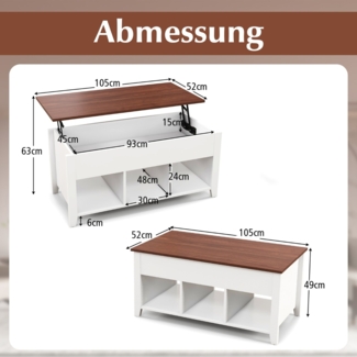 Sofatisch mit Hebeplatte Stauraum & 3 Offene Regale Höhenverstellbar 104,5 x 49 x 48-62,5 cm Weiß