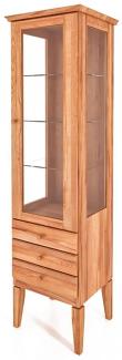 Vitrine Sydo aus Kernbuche massiv 50x45x180 cm 1 Tür 3 Schubladen Glas Holzbeine