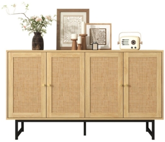 Refined Living Sideboard mit echtem Rattangeflecht, Aufbewahrungsschrank mit 4 Türen, Kommode (Rattanschrank,140 x 39,5 x 80 cm, modernes Design, Echtholzoptik, Flurschrank, mit Matte goldene Griffe und Verstellbare Einlegeböden, geräumiger Schrank, 1 St, ...