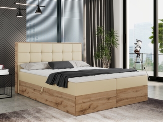 Boxspringbett mit Kopfteil und Topper, Polsterbett - ALBERO 1 - 140 x 200 cm - Creme Kunstleder - H4
