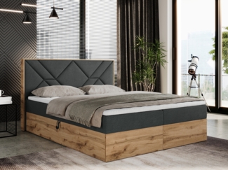 Boxspringbett mit Kopfteil und Topper, Polsterbett - GUNAR - 120 x 200 cm - Dunkelgrau Stoff - H4 - Topper Visco