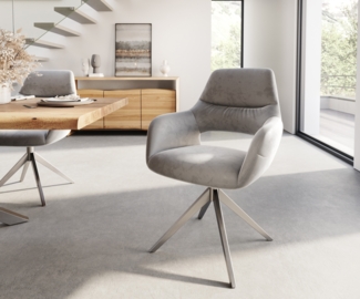 Esszimmerstuhl Yago-Flex mit Armlehnen Samt Grau Kreuzgestell breit Edelstahl Taschenfederkern