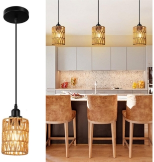 LMaxhome Pendelleuchte Hängeleuchte Rattan,Boho Pendelleuchte 3-flammig mit Led Glühbirne, LED wechselbar, Halogen, Warmweiß, Pendelleuchte Esstisch,Pendelleuchte Höhenverstellbar