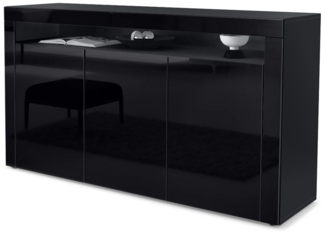 Vladon Sideboard Valencia, Kommode mit 3 Türen und 1 offenem Fach, Schwarz matt/Schwarz Hochglanz/Schwarz Hochglanz (155 x 92 x 40 cm)
