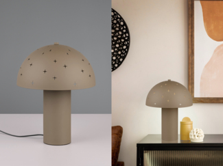 LED Tischleuchte aus Metall Taupe, Lampenschirm mit Dekorstanzung, Höhe 33 cm