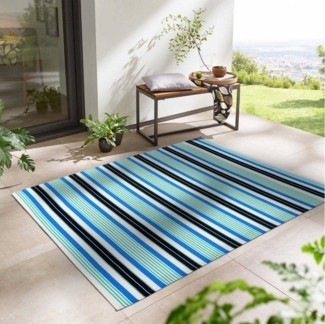 TaraCarpet Teppich TaraCarpet Outdoor Teppich Santa Monica wetterfest, rechteckig, Höhe: 3 mm, Kurzflor blau-grün gestreift Balkon Garten Terrasse Camping 120x170 cm