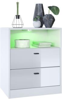 Vladon Kommode Pino V1, Nachttisch mit 2 Schubladen & 1 offenem Fach, Weiß matt/Weiß Hochglanz mit LED RGB (56 x 67,5 x 36 cm)
