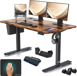 KESSER® Höhenverstellbarer Schreibtisch elektrisch | Ergonomisch Steh-Sitz Schreibtisch | 3-Funktions-Memory Steuerung | Inkl. 360° Rollen & USB-Ladeanschluss | Computertisch für Homeoffice Braun, 140 x 70 cm