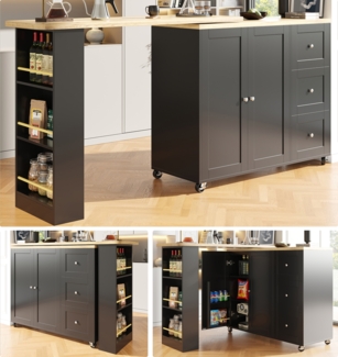 Sideboard H 106 x T 39 x B 135/203 cm, 360° drehbar auf Rollen, MDF schwarz, mit 3 Schubladen und Snackregal