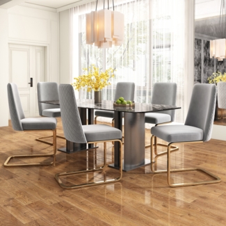 Esszimmerstuhl Samt Grau 2er Set mit Rauten Design Rückenlehne,Polsterstuhl ergonomisch gepolstert mit Metallbeinen, Loungesessel stilvoll weich
