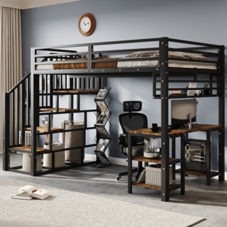 Hochbett, Eisenbett mit Treppe & Handlauf, Schreibtisch & Regal, stabilen Lattenrosten, Eisen + Spanplatte, Schwarz + Dunkel, 120 × 200 cm