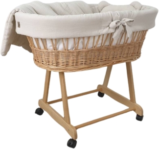 Stubenwagen mit Rollen Komplett Set Natur, Musselin Beige - ohne Baldachin