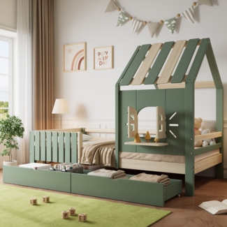 Merax Kinderbett, Hausbett 90x200 cm mit Dach und Fenster, Mit Holzfensterbank, Vierseitiger Zaun, mit 2 Schubladen, Kiefer+MDF, Grün+Natur