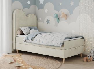 Kinderbett FLOW, Boxspringbett für Kinder, mit hohem Kopfteil, Einzelbett mit Matratze - 90x180 - Beige Velvet - Topper T25