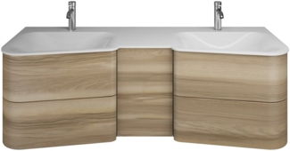 Burgbad BADU Waschbecken mit Unterschrank 152 cm breit, Braun, Doppelwaschbecken Gussmarmor Weiß, Türanschlag links