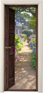 MuchoWow Türtapete Ansicht - Hortensie - Tür - Blumen - Natur, Matt, bedruckt, (1 St), Selbstklebende Tapete, Folie für Möbel, 75x205 cm