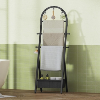 Handtuchhalter, Handtuchständer mit Haken & Stoffkörben, reistehender Handtuchhalter Boden für Bad, Schlafzimmer, Wohnzimmer, 36 x 45 x 142 cm Schwarz