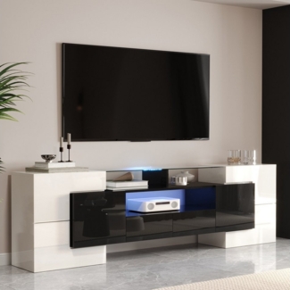 BlingBin TV-Schrank Stilvoller Lowboard Fernsehtisch Fernsehschrank, TV-Board TV-Möbel (TV-Schranktisch mit LED-Beleuchtung und Elegante Glasoberfläche, 1-St, Maße: 200 L x 35B x 60 H cm, Produktladung: 60kg) Niedriges Panel für Wohnzimmer, Hochglanz-W...