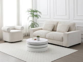 Vente-unique - Couchtisch rund - drehbar - 1 Ablagefach - MDF - Marmor-Optik Weiß & Weiß lackiert - JANITA