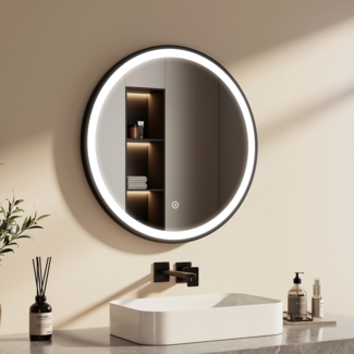 EMKE Badspiegel mit LED Beleuchtung Touch Dimmbar 6500K Abnehmbarer Gürtel Lichtspiegel Schwarz Rahmen ф70cm