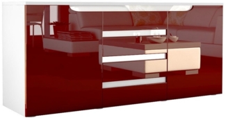 Sideboard Kommode Sylt V1, Korpus in Weiß matt / Front in Bordeaux Hochglanz mit Absetzungen in Weiß Hochglanz (139 x 72 x 35)