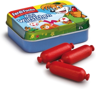 Erzi 15170 Ferdi Fuchs Miniwürstchen aus Holz in der Dose, Kaufladenartikel für Kinder, Rollenspiele