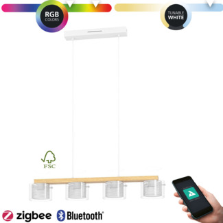 Eglo 900881 LED Hängeleuchte PORTICO-Z Stahl, Holz weiss, braun; Glas klar 4X3,7W 2700-6500K L:88cm B:15cm H:110cm dimmbar mit Connect-Z Funktion