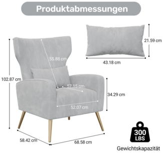 HawthyHome Ohrensessel mit Samtbezug Moderner Loungesessel– Hohe Rückenlehne, Zierkissen, goldfarbene Metallfüße
