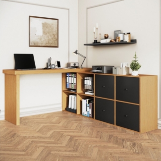 Flieks Schreibtisch 360° drehbar Bürotisch mit 4 Schubladen und 4 Fächern (Tischlänge 120xT48xH78 cm/Schranklänge 140xT35 cm, 2-St, 1 Tisch schwenkbar), Computertisch Eckschreibtisch L-förmiger Arbeitstisch mit Kommode