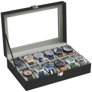SONGMICS Uhrenbox mit 12 Fächern, Uhrenkasten, Glasdeckel, Uhrenkoffer mit herausnehmbaren Uhrenkissen, Premium-Uhrenschatulle, PU-Bezug in Schwarz, Samtfutter in Grüngrau BWJ12BK
