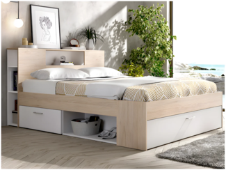 Vente-unique - Bett mit Kopfteil, Stauraum & Schubladen + Lattenrost + Matratze - 140 x 190 cm - Weiß & Naturfarben - LEANDRE