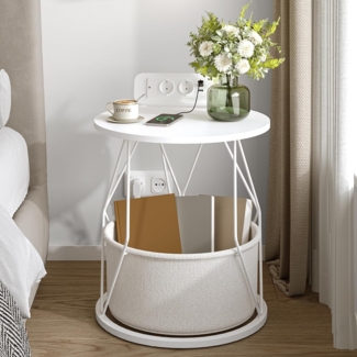 Beistelltisch Rund, Kleiner Tisch, Beistelltisch mit Ladestation und Aufbewahrungskorb, Wohnzimmertisch, Couchtisch, Nachttisch für Sofas, Wohnzimmer, Schlafzimmer, Weiß