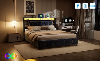 Gdood Polsterbett Doppelbett LED Stauraumbett (1-tlg, 2 USB + 1 TYPE-C + 1 Steckdose, Hydraulisch anhebbarer Bettstauraum), Mit LED-Beleuchtung, Ladeschnittstelle, Lattenrost, Samt, 140x200 cm