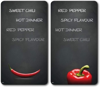 KESPER | Multi-Glasschneideplatte 2er Pack | Material: Glas | Maße: 52 x 30 x 0.5 cm | Motiv: Chili | Herdabdeckung für alle Herdarten | ideale Herdabdeckplatte für jede Küche