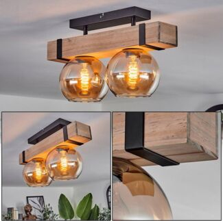 hofstein Deckenleuchte Deckenlampe aus Metall/Holz/Glas in Schwarz/Natur/Bernsteinfarben, ohne Leuchtmittel, mit Glasschirmen (15 cm), 2x E27, ohne Leuchtmittel