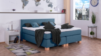 Meisterbetten Boxspringbett Vita 140x220 in W-Blue, Matratzenbezug Nano, Komfortschaum-Topper