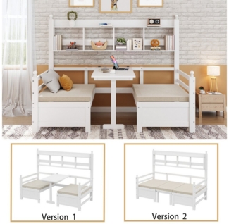 MC Star Schlafsofa Multifunktionales Massivholz200x90 cm, 2-in-1 Bett und Schreibtisch, Frei Umbaubar, Mit Bücherregal Zur Aufbewahrung, Mit Bequemen Kissen, Gästebett Einzelholzbett, Grau
