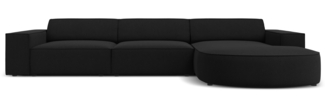 Micadoni 4-Sitzer Samtstoff Sofa Jodie runde Recamiere Rechts Strukturierter Stoff Schwarz Kunststoff schwarz