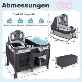 Faltbares Reisebett & Laufstall tragbares Babybett mit Babywiege Wickeltisch Spielbogen Musikbox Blau