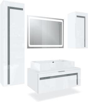 Badmöbel Komplettset Aloha V2, Korpus in Weiß matt / Fronten in Weiß Hochglanz mit Absetzungen in Grau Hochglanz, mit Aufsatzwaschbecken und LED Spiegel