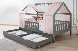 Ticaa Hausbett Kim mit Rausfallschutz und Schubkasten aus Kiefer, Kinderbett 100x200, inkl. Tüll-Set, mit Rollrost, mit Matratze