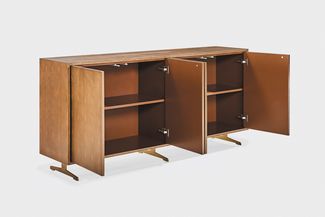 KAWOLA Sideboard GALA 4 Türen Kunstleder goldfarben Fuß Edelstahl gebürstet 85 x 40 x 180 cm
