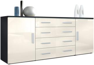 Vladon Sideboard Faro V2, Kommode mit 2 Türen und 4 Schubladen, Schwarz matt/Creme Hochglanz (166 x 72 x 35 cm)