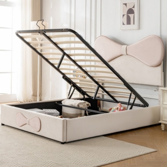 TavilaEcon Boxspringbett Hydraulisch Polsterbett, Doppelbett mit verstellbarem Kopfteil, mit Stauraum und Lattenrost, ohne Matratze, 140×200cm, beige+rosa