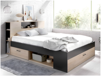 Vente-unique - Bett mit Kopfteil, Stauraum & Schubladen + Lattenrost + Matratze - 140 x 190 cm - Naturfarben & Anthrazit - LEANDRE