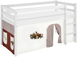 Lilokids 'Jelle' Spielbett 90 x 200 cm, Dinos Braun Beige, Kiefer massiv, mit Vorhang