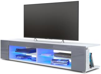 Vladon Lowboard Movie, TV-Kommode mit 4 offenen Fächern und Zierleisten, Weiß matt/Grau Hochglanz, inkl. LED-Beleuchtung blau (134 x 29 x 39 cm)