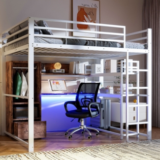 Merax Hochbett 140 x 200cm, Kinderbett Etagenbett Metallbett, Mit LED-Leuchten, Schreibtisch, 1 Schubladen, ohne Matratze, Weiß