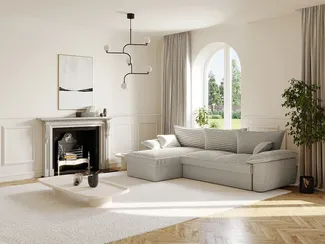 Vente-unique - Ecksofa mit Schlaffunktion + Bettkasten - Ecke links - Cord - Hellgrau- GUILLERMO II